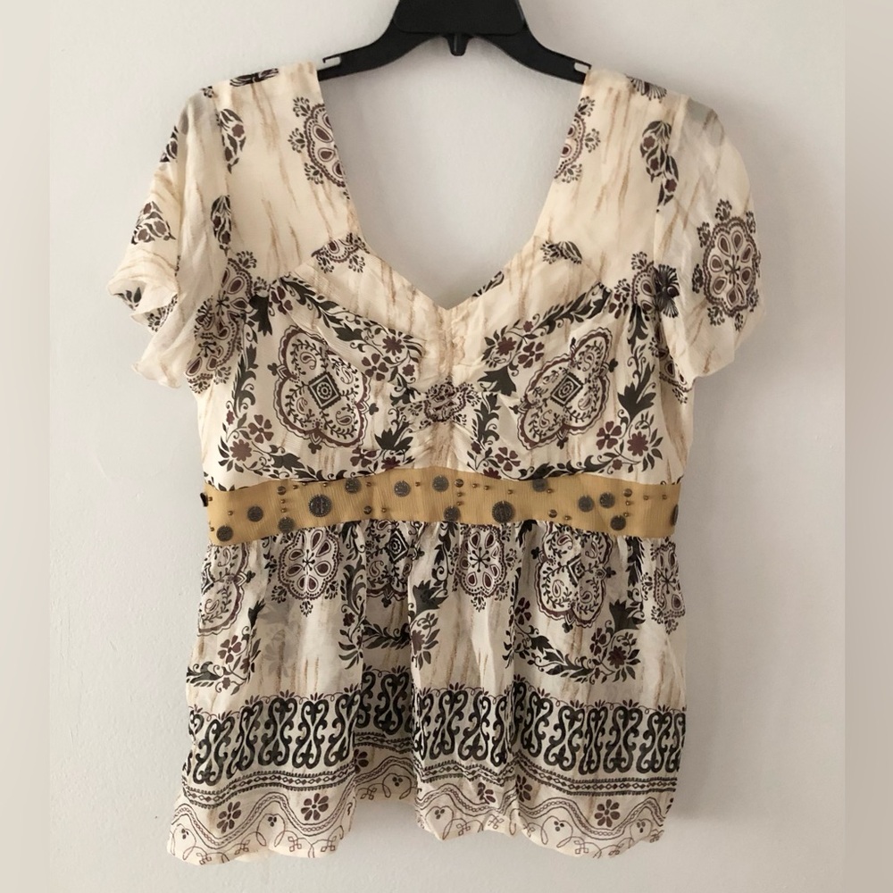 Seven7 Cream and Brown Printed Short Sleeve Blouse with Mustard Band